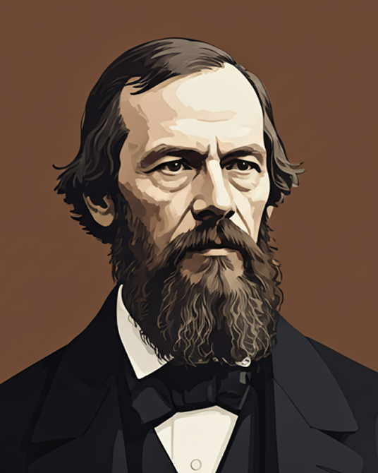 Retrato principal de Fiódor Dostoiévski em destaque.